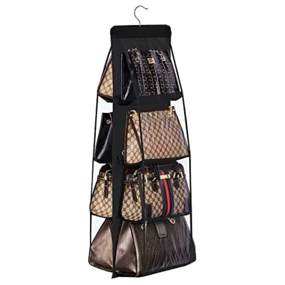 Hanging Purse‎ Organizer for Closet 8 Pocket Dust-Proof Handbag Storage Black